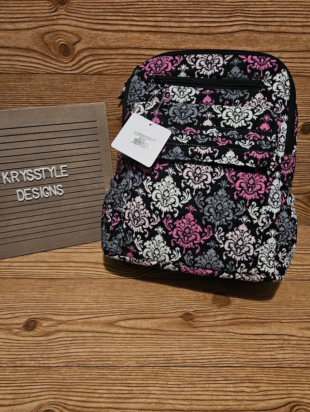 Cul de sac Quilted Lightweight Backpack Sweet Damask Pattern Pink Black